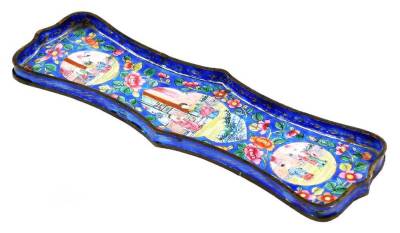 A late 19thC Chinese enamel shaped rectangular pen tray, decorated with panels of figures in cartouches within polychrome floral designs, all on a mid-blue ground, unmarked, 23cm W.