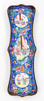 A late 19thC Chinese enamel shaped rectangular pen tray, decorated with panels of figures in cartouches within polychrome floral designs, all on a mid-blue ground, unmarked, 23cm W. - 2