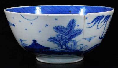 A 19thC Chinese blue and white bowl, profusely decorated with buildings, figures and tress, on a circular foot, the interior partially decorated, 17cm Dia. - 3