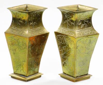 A pair of 20thC Chinese bronze vases, each of shouldered diamond form, etched with panels of flowering shrubs, each marked Made in China, 22cm H. (2) - 2