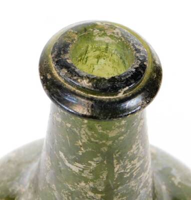 A small onion shaped green glass bottle, with original painted sections, in silvered decoration with concave base and cylindrical stem, 17cm H. - 3