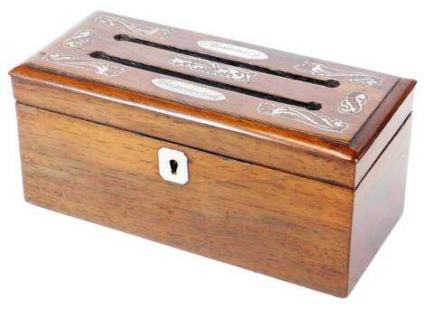 A Victorian rosewood table letter box, of rectangular form, with mother of pearl inlay and two slots for answered and unanswered letters, 11cm H, 25cm W, 10cm D.