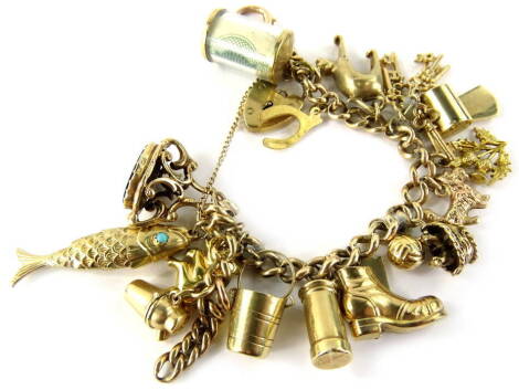 A modern curb link charm bracelet, set with 19 various charms, some marked 9ct, others unmarked, to include an articulated fish, a boot, a football, a thistle, a container housing a one pound note, cat, etc, with heart shaped padlock stamped 375, 50.9g al