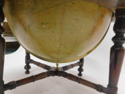 A 19thC mahogany W & T.M Bardin New British Terrestrial globe, printed to the right honourable Sir Joseph Banks Bart KB, with brass calibrated vertical ring and central equator or horizon on a turned wooden stand with x shaped stretcher, sections of repa - 6