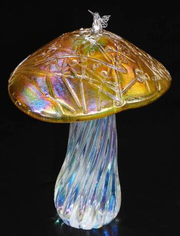 A John Ditchfield Glasform mushroom, with coloured shade and fairy charm, on a turned stem, no. 01253, etched mark with label beneath, 18cm H.