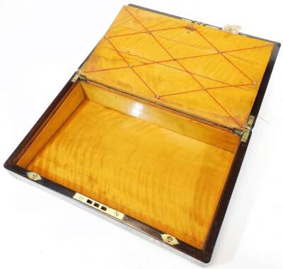 An early 19thC rosewood and mother of pearl writing slope, of rectangular form, with fitted interior set with a (later) purple velvet writing slope, space for ink bottles and pens, with two ink bottles and a highly decorative outer mother of pearl inlay w - 3