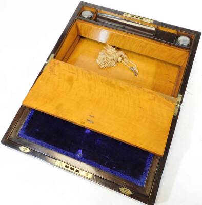 An early 19thC rosewood and mother of pearl writing slope, of rectangular form, with fitted interior set with a (later) purple velvet writing slope, space for ink bottles and pens, with two ink bottles and a highly decorative outer mother of pearl inlay w - 4