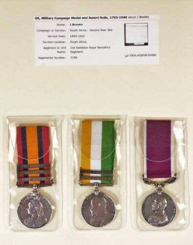 A UK Military Campaign medal trio, similarly marked to J Brooks, for the South Africa Second Boer War 1899-1902, each similarly marked, one with Transvaal, Orange Free State and Cape Colony clasps, another with South Africa 1902 and South Africa 1901 clas