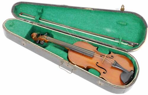 An early 20thC pine violin, with John Malloch label, with articulated ebonised knops, 61cm W, in fitted case.