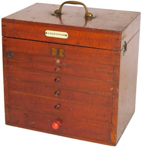 A late 19thC stained mahogany specimen cabinet, with brass handle, hinged lid and six front graduated drawers, 32cm H, 34cm W, 22cm D.