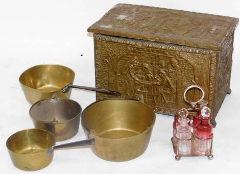 Various brass ware, an early 20thC rectangular slipper box, heavily repousse decorated with figures and interior tavern scenes, 31cm H, 50cm W, 28cm D, various brass saucepans, small jam pan, a clear and ruby glass four bottle cruet set on plated stand. 