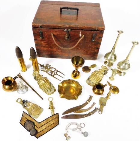 A 19thC oak box, with flush lid, 32cm W and a quantity of various brass ware, metalware, etc. to include bullet shells, clip, double ended cup, various other metalware, etc. (a quantity)