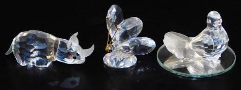 Various Swarovski crystal, rhinoceros, 6cm W, bird and butterfly. (3, boxed)