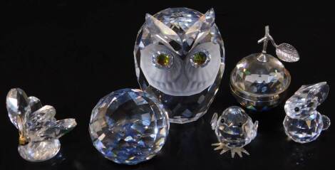 Various Swarovski crystal, floral orb, 4cm H, chick, small apple, etc. (6)