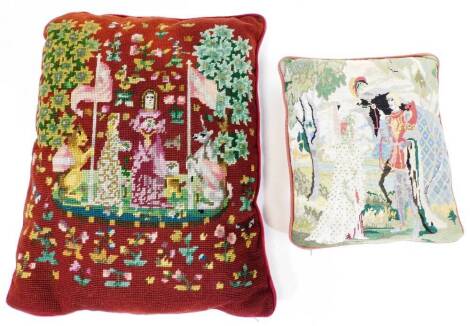 A petit point cushion, decorated with figure and flowers on red ground, 36cm W and another smaller. (2)