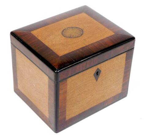 A 19thC wenge and ebony tea caddy, of rectangular form, with crossbanded lid centred by an oval floral patera, with diamond escutcheon and plain interior, 12cm H, 16cm W, 13cm D.