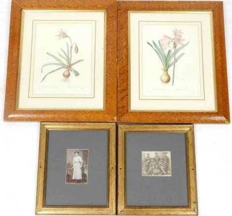 Two bird's eye maple finish frames, 49cm x 41cm and two early 20thC photographs, soldiers and figures of a lady, glazed and framed. (a quantity)