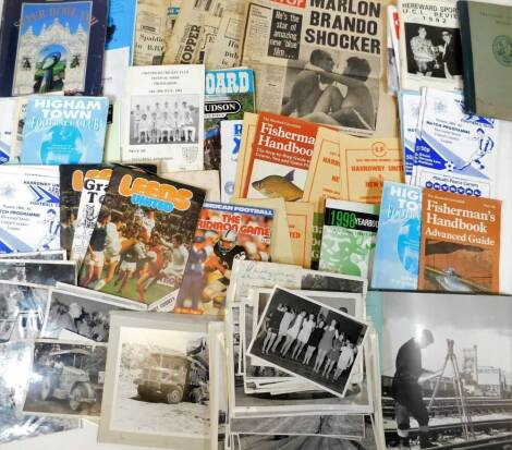 Various photographs sporting ephemera and programmes, to include Superbowl programme, Hereward sports book 1992, other programmes on Higham Town, various black and white photographs of engines, etc. (a quantity)