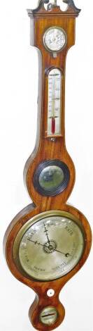 A 19thC mahogany five dial banjo barometer, in swan neck pediment case, with a boxwood stringing, with damp dry/feature, thermometer, bull's eye glass, 20cm Dia. dial and warranted correct level with turned knop and urn finial, unsigned, 99cm H.