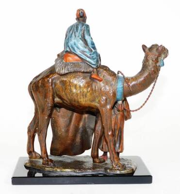 A cast and painted spelter figural table lighter, in the manner of Bergmann, formed as an Arabian rug seller on a camel's back, aside a further figure, on a rectangular base, 19cm H. (AF) - 3