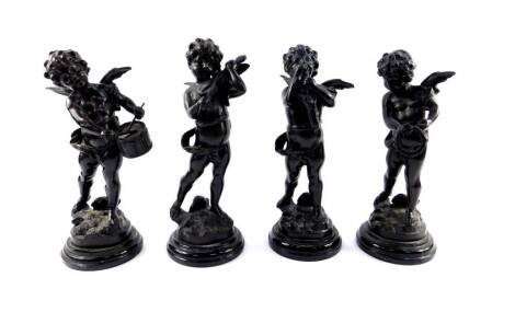 A set of four 19thC style L and F Moreau bronze figures of cherubs, modelled standing playing musical instruments, raised on black socles, 33cm H.