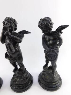 A set of four 19thC style L and F Moreau bronze figures of cherubs, modelled standing playing musical instruments, raised on black socles, 33cm H. - 2