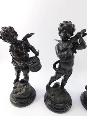 A set of four 19thC style L and F Moreau bronze figures of cherubs, modelled standing playing musical instruments, raised on black socles, 33cm H. - 3