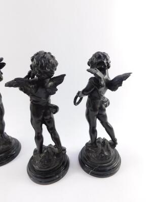 A set of four 19thC style L and F Moreau bronze figures of cherubs, modelled standing playing musical instruments, raised on black socles, 33cm H. - 4