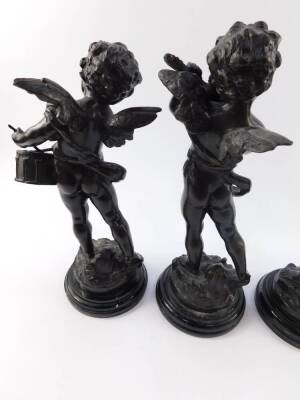 A set of four 19thC style L and F Moreau bronze figures of cherubs, modelled standing playing musical instruments, raised on black socles, 33cm H. - 5