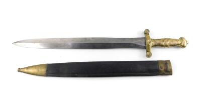 A French 1831 Gladius short sword, with a brass hilt, No 275, steel blade stamped Talabot FS.1832 Paris, in a leather and brass bound sheath, serial B962B, 64cm L.