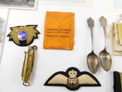 A group of militaria, including a brass pocket lighter, a pair of Royal Navy captain's epaulettes, bosun's whistle, emergency razor blade, heliograph, first day cover for The Royal Air Force No 230 Squadron, and two silver teaspoons, with embossed termina - 2