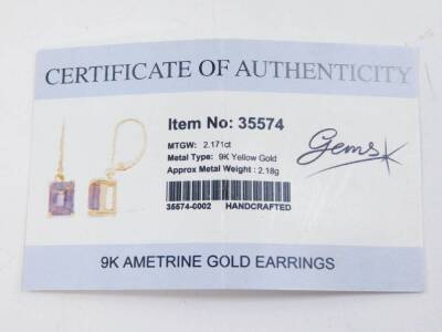 A pair of 9ct gold and ametrine single stone earrings, rectangular cut in a claw setting with loop attachments, with certificate, 2.18g. - 3