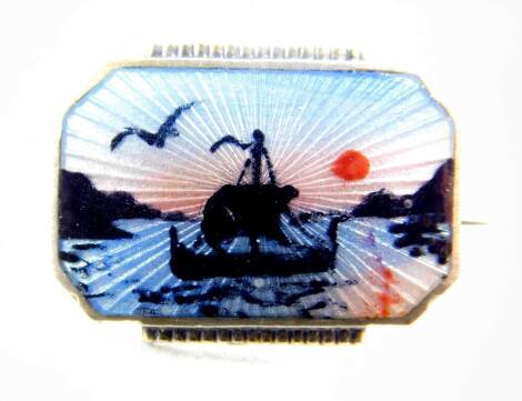 A 20thC Norwegian silver and guilloche enamel brooch, silhouette decorated with a long ship in a Fjord at sunset, makers mark Bull, Jansen and Prydz.