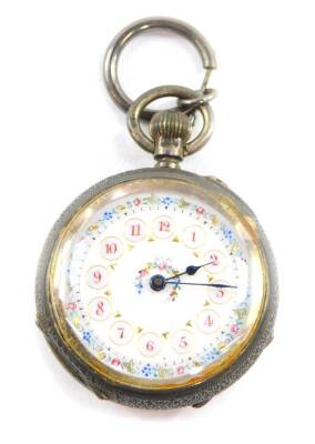 A Victorian lady's silver cased pocket watch, open faced, keyless wind, white enamel dial, with floral decoration, Arabic numerals, jewelled movement, the case with repeating engraved geometric decoration, shield reserve in a floral and ivy leaf surround,