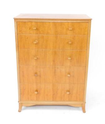 A mid 20thC satin walnut and plywood chest of drawers, having two short over four long graduated drawers, raised on outswept feet, 117cm H, 85cm W, 47cm D. - 2