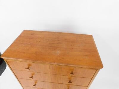 A mid 20thC satin walnut and plywood chest of drawers, having two short over four long graduated drawers, raised on outswept feet, 117cm H, 85cm W, 47cm D. - 3