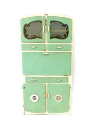 A mid 20thC A Hay-Mills Numaid larder cupboard, white painted with green fronts and white plastic handles, with two frosted and clear glass foliate decorated doors opening to reveal shelves, flanking a thermometer, over two drawers and a drop down front, 