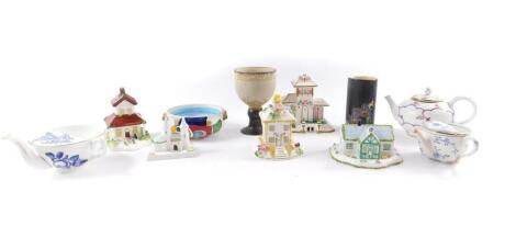 A group of pottery and porcelain, including five Coalport pastel burners, Coalport invalid feeding cup, further feeding cup and a Venice Fine Porcelain teapot. (11)