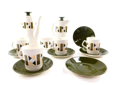 A Beswick pottery part coffee service decorated in the Metric pattern, comprising coffee pot, hot water jug, sugar bowl, four cups and six saucers.