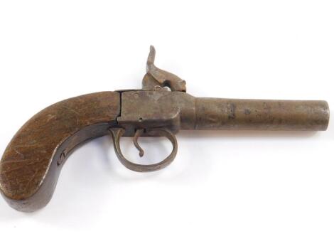 A 19thC boxlock percussion pocket pistol, steel barrel and frame, with engraved foliate decoration, oak handle, bears proof marks to underside of barrel, 17.5cm W.