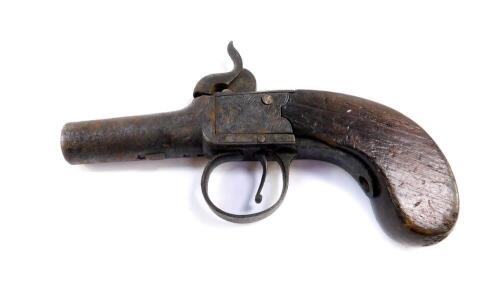 A 19thC boxlock percussion pocket pistol, with a steel barrel and frame, engraved Bury and London, oak handle, bears proof marks to underside of barrel, 14.5cm W.