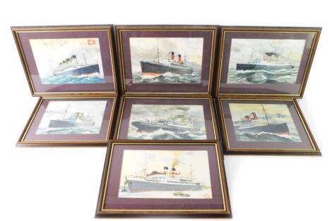 D Parr (British, late 20thC). Seven studies of ocean liners, watercolour, signed, dated 88/89, comprising SS Franconia, Olympic, Germania, City of Benares, and three unnamed.