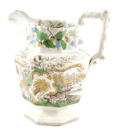 A mid 19thC Staffordshire Corn Laws jug, of moulded baluster octagonal form, printed with symbols of agriculture and trade, beneath a border of acorns and oak leaves, and banners reading 'Our Bread Untaxed' and 'Our Commerce Free', 18cm H. (AF)