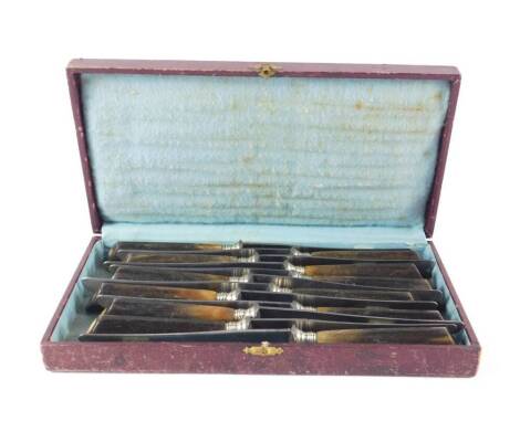 A late 19thC set of twelve Acier Fondu table knives, with horn handles and stainless steel blades, red morocco cased.