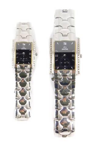 A pair of Jaguar stainless steel gentleman's and lady's dress wristwatches, rectangular black dials with Roman numerals at quarters, subsidiary seconds dial, on stainless steel straps.