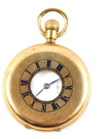 A gentleman's gold plated half hunter cased pocket watch, for Thos Russell & Sons, Liverpool, keyless wind, white enamel dial bearing Roman numerals, subsidiary seconds dial, Swiss jeweled movement, No 21575, the case of plain form, front with chapter rin