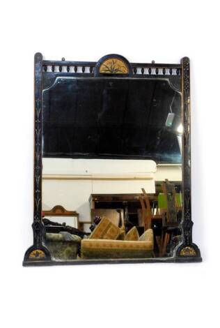 A Victorian Aesthetic Movement ebonised overmantel mirror, with a galleried top rail and demi lune reserve painted with flowers, 140cm H, 106cm W.