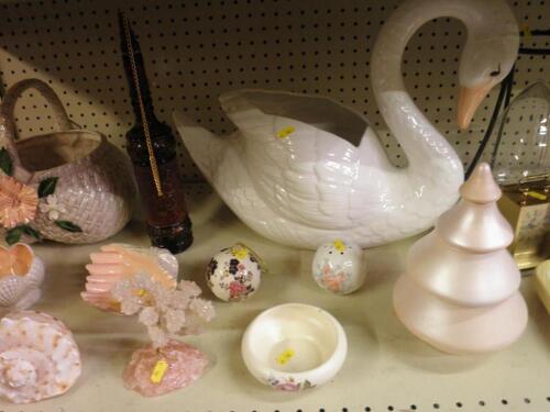 A large ceramic swan, various china etc