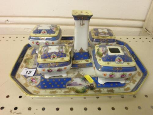 A Nippon china dressing table set painted with landscapes and flowers comprising