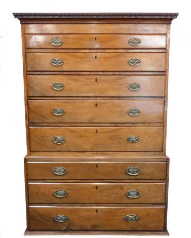 A George III mahogany chest on chest, the outswept pediment with dental moulding, over five graduated drawers, over three further three further graduated drawers, on a plinth base, cut down, 168cm H, 114cm W, 56cm D.